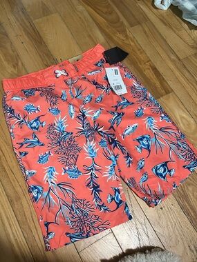belk Coral Swim Shorts with Blue Tropical Fish Print